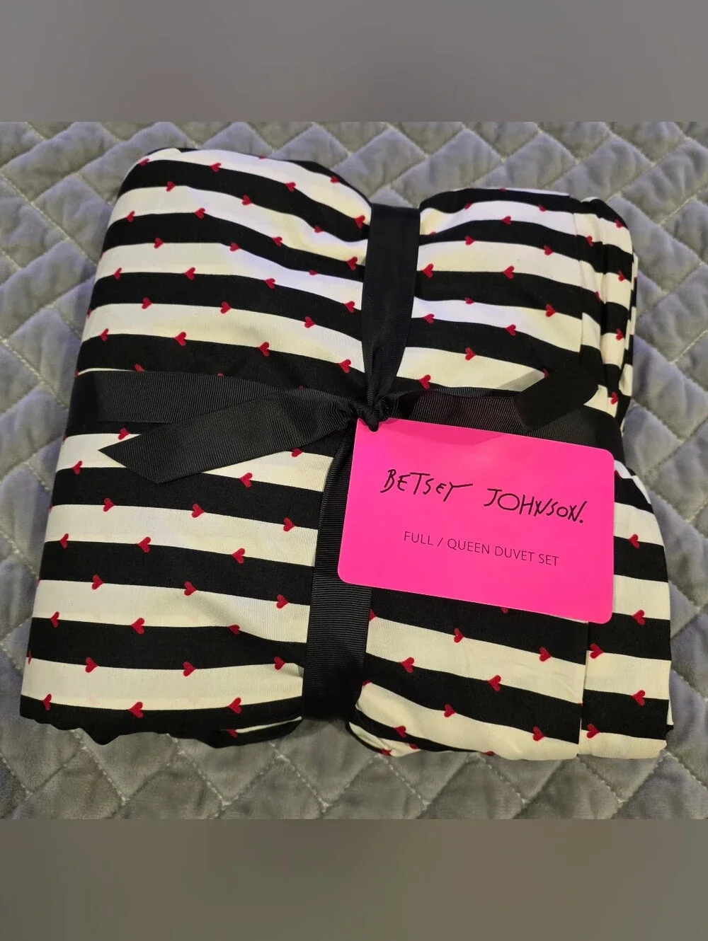 3pc Betsey Johnson Full/Queen Wonderland Stripe Microfiber Duvet Set Black